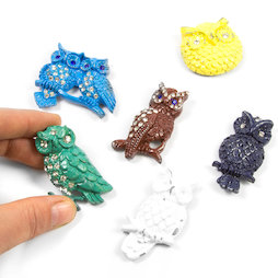 SALE-102, Glitter Owls, fridge magnets in second-hand look, set of 6