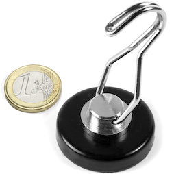 FTNT-40-B, Aimant en pot avec crochet rotatif, Ø 40.2 mm, noir, avec surface adhésive caoutchoutée