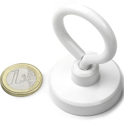 OTNW-40, Potmagneet met oogmoer wit, Ø 40,3 mm, met witte poedercoating, schroefdraad M6