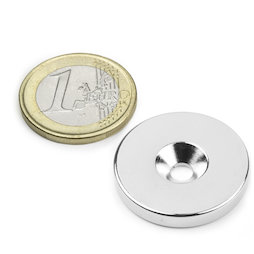 CS-S-27-04-N, Disque magnétique Ø 27 mm, hauteur 4 mm, Avec trou de fixation biseauté, N35, nickelé