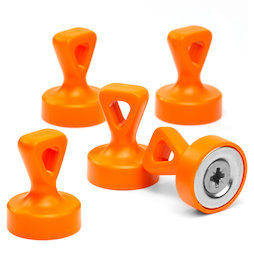 M-OF-P17/orange, Greepmagneten met oog, sterke bordmagneten neodymium, geplastificeerd, oranje