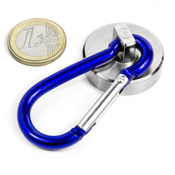 KTN-32B, Pot magnet with blue carabiner Ø 32 mm, length of carabiner 60 mm