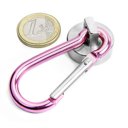 KTN-25P, magnete con base in acciaio con moschettone rosa Ø 25 mm, lunghezza moschettone 60 mm