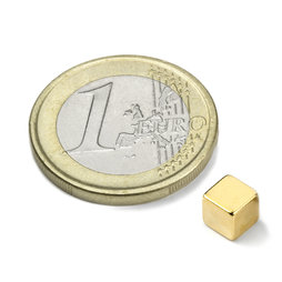 W-05-N50-G, Cube magnétique 5 mm, néodyme, N50, doré